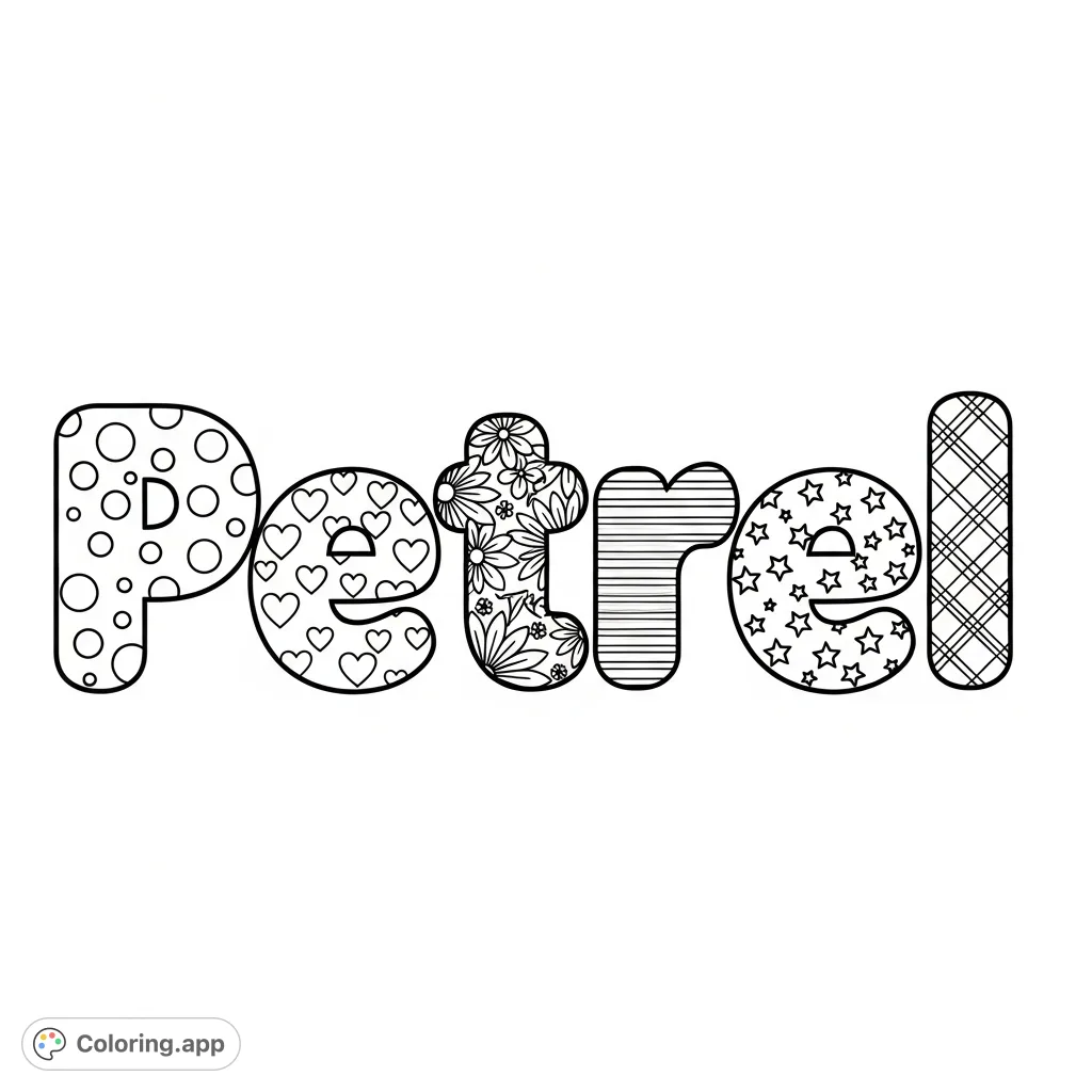 A unique Petrel name coloring page featuring rounded bubble letters, each filled with intricate patterns like polka dots, hearts, florals, stripes, stars, and plaid designs.