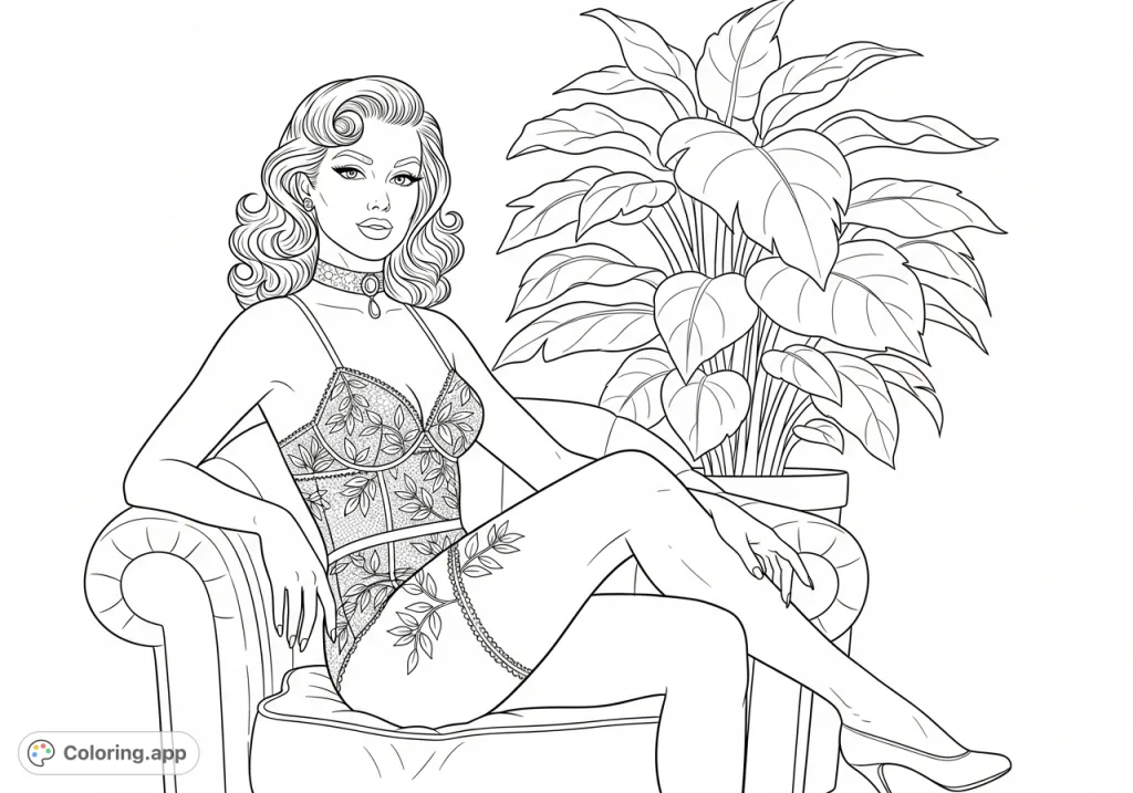 A confident pin-up woman in elegant lace leaf-patterned lingerie, with voluminous hair, seated on a plush armchair beside a lush plant, awaiting your artistic touch.