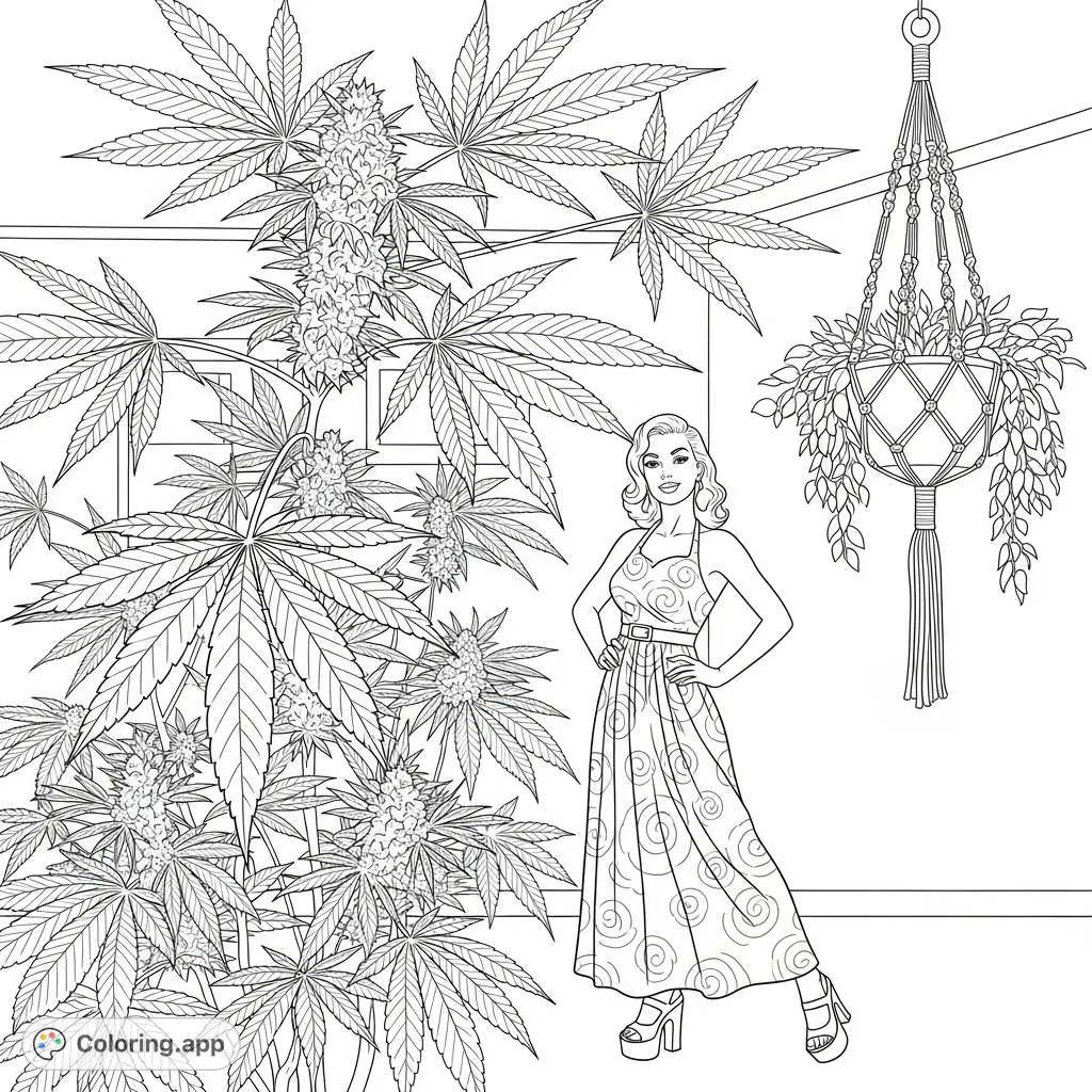 A confident woman in a patterned maxi dress poses amidst giant cannabis plants and an ornate macrame hanger. A unique adult coloring page.