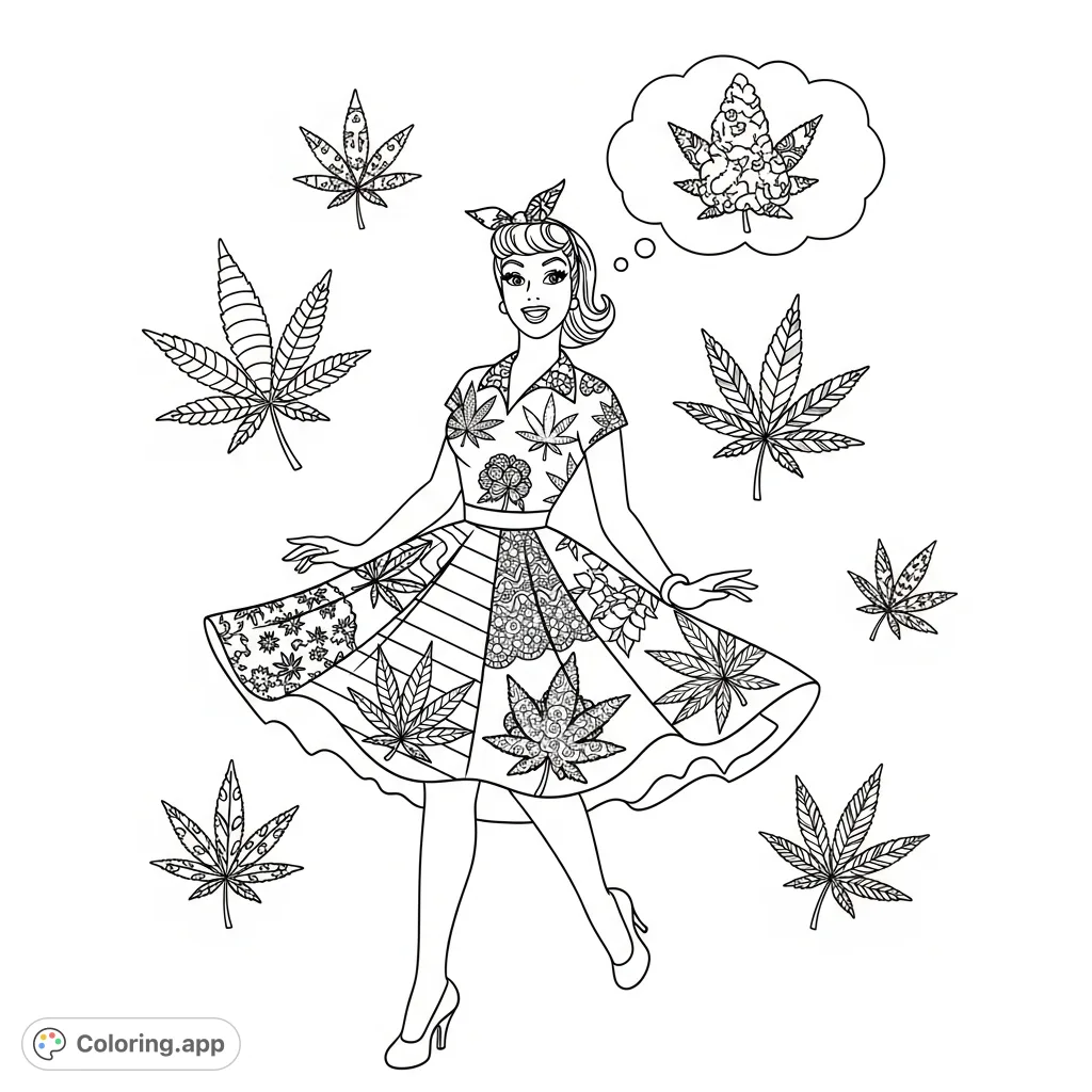 Dynamic 50s pinup in a twirling skirt, adorned with intricate cannabis leaf patterns. Surrounded by floating leaves and a thought bubble with a patterned bud.