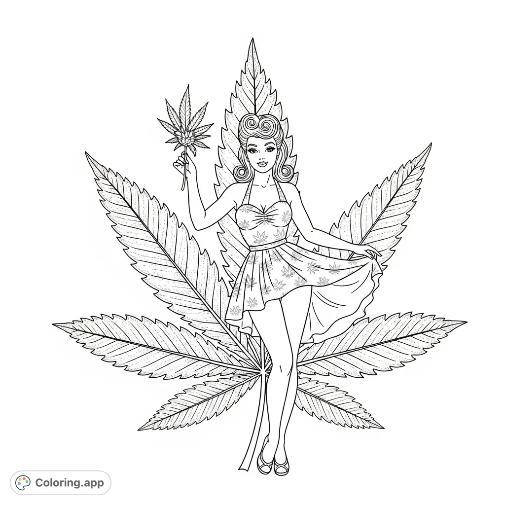 Color a classic pinup woman leaning against a stylized cannabis leaf, adorned with a patterned swimsuit and holding a flower. A unique adult coloring page.