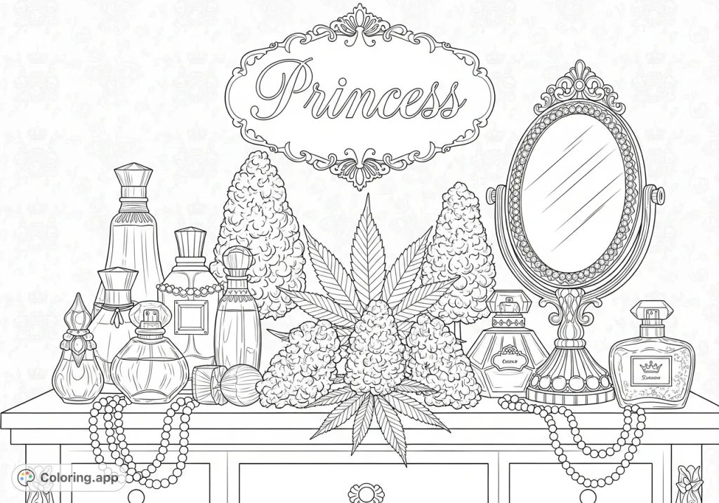 A lavish vanity table adorned with ornate accessories, strands of pearls, decorative cannabis elements, and a 'Princess' wall decal for adult colorists.