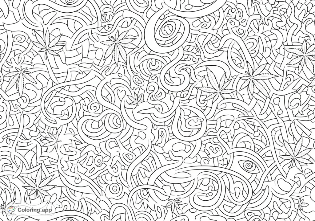 Explore a bold, intricate psychedelic marijuana leaf pattern. Swirling lines and abstract shapes create a captivating design for a unique, mindful coloring experience.