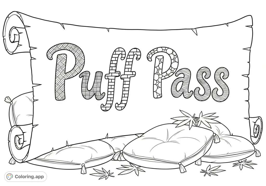 An ornate scroll with "Puff Pass" in decorative script, each letter revealing unique patterns, draped over plush cushions with scattered cannabis leaves.