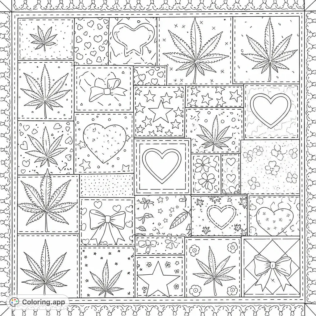 A detailed quilt coloring page featuring a repeating pattern of patches with stylized cannabis leaves, hearts, stars, bows, and floral designs, all outlined with visible stitching.