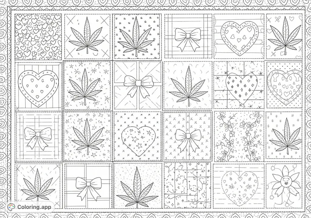 A unique quilt design featuring alternating patches of stylized cannabis leaves and whimsical girly elements like hearts, stars, bows, and delicate flowers for creative expression.