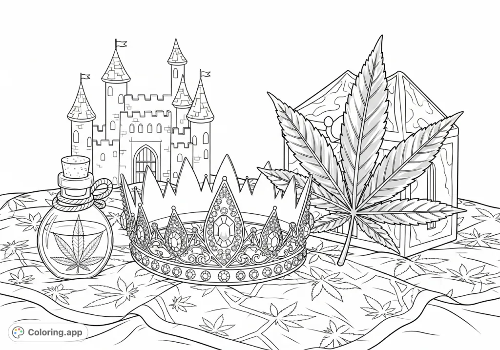 Discover a detailed regal cannabis collection coloring page featuring a crown with leaf-shaped gems, an ornate metal leaf, and a patterned velvet cloth.