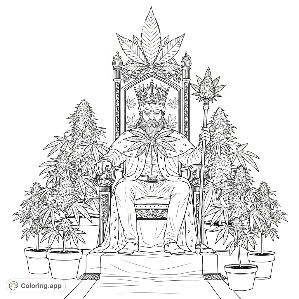 Color a regal king on his cannabis-adorned throne, holding a scepter, surrounded by lush potted plants. An intricate and unique adult coloring page.