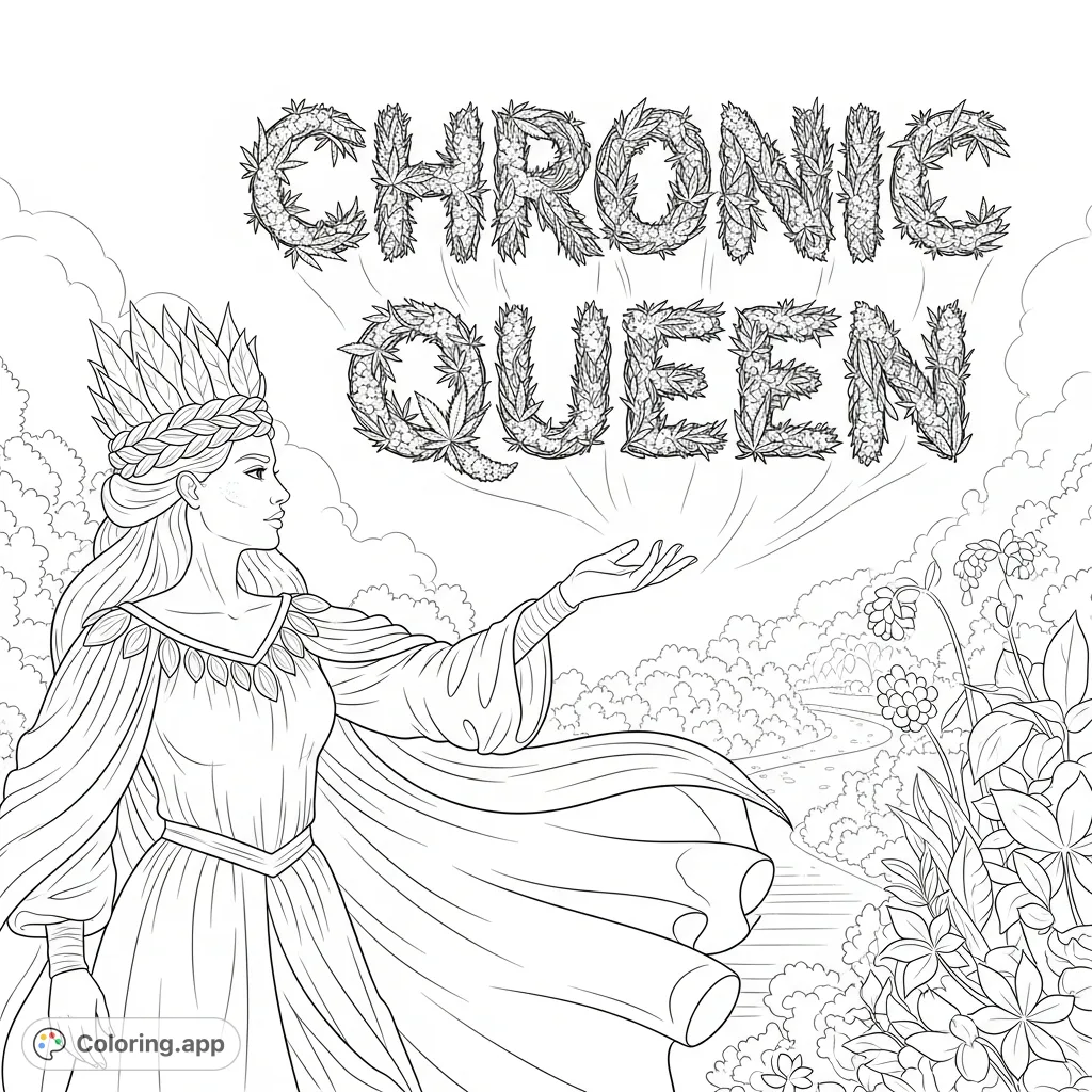 An empowering queen reaches for a "CHRONIC QUEEN" sign made of cannabis vines, set in an enchanted garden. A detailed coloring page for adult enthusiasts.