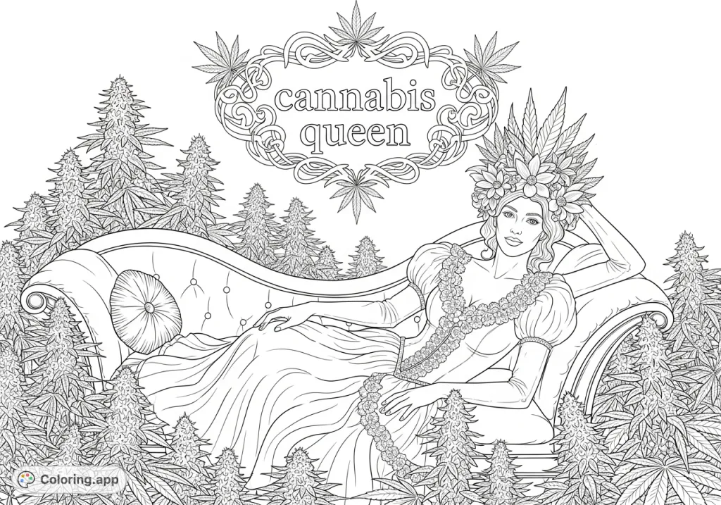A regal cannabis queen reclines amidst lush cannabis plants, wearing a crown of leaves and flowers. An ornate crest with 'cannabis queen' completes this intricate adult coloring page.