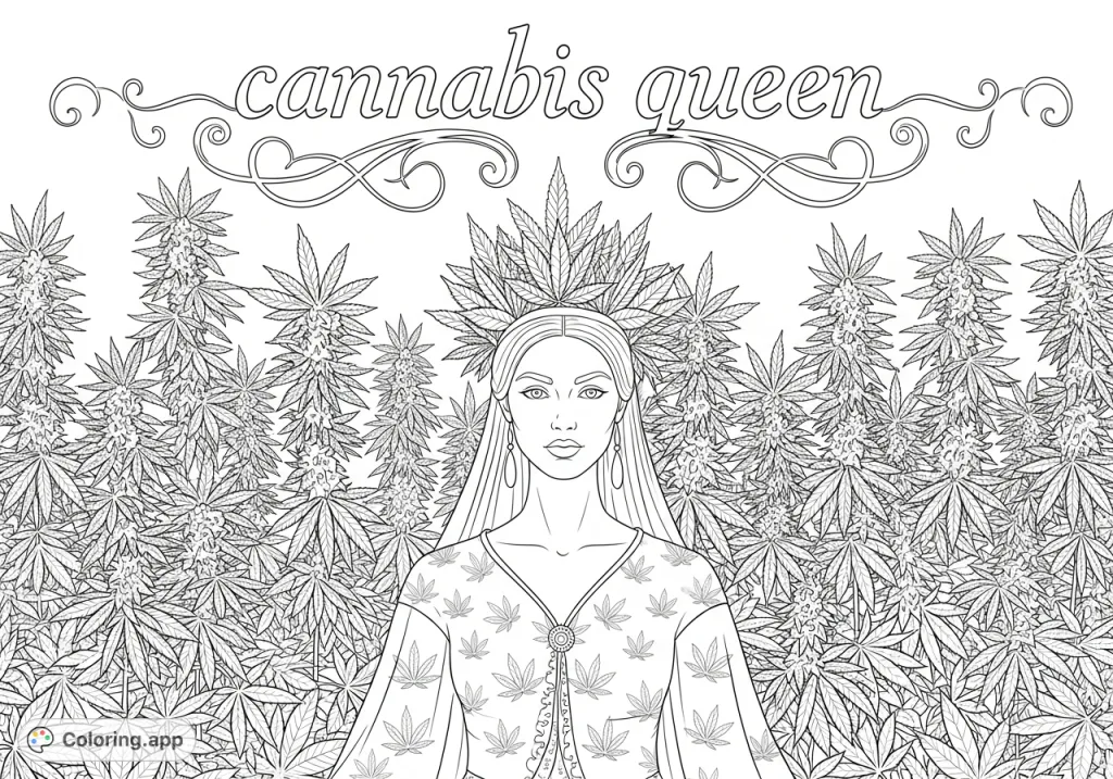A majestic female figure, crowned with cannabis leaves, wears an elaborate gown adorned with foliage, set against a dense wall of cannabis plants with "cannabis queen" script.