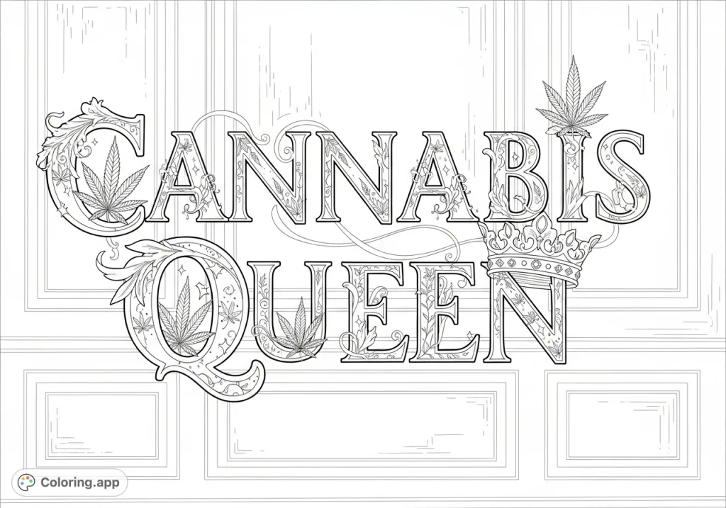 An intricately designed 'Cannabis Queen' inscription featuring elegant flourishes, delicate cannabis leaves, sparkling accents, a regal crown, and glimmering jewels.