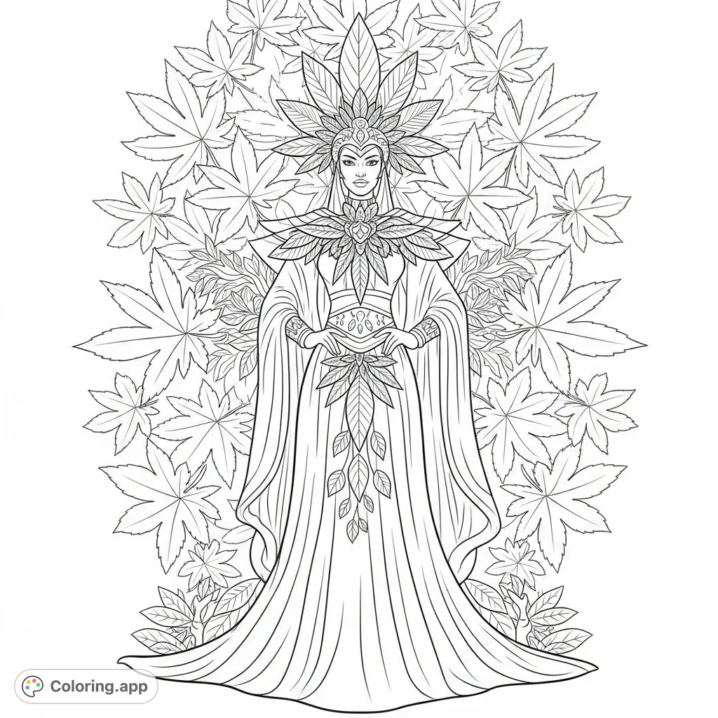 A majestic Ganja Queen stands amidst a rich tapestry of stylized leaves. Perfect for adult colorists exploring sophisticated themes and intricate details.