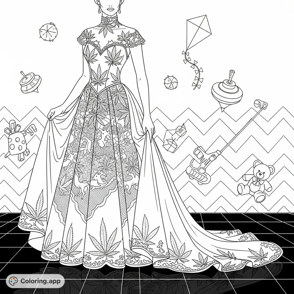 An elegant figure models a stunning formal gown adorned with intricate stylized marijuana leaf patterns, featuring a sculpted bodice, voluminous skirt, and reflective floor.