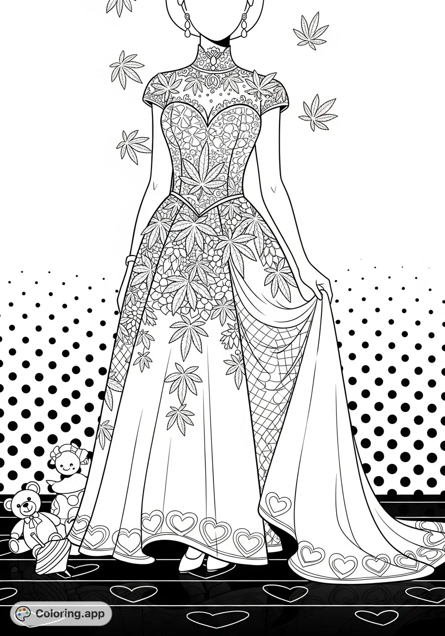 A sophisticated formal gown, adorned with delicate stylized marijuana leaf patterns, worn by a regal figure. Intricate details for adult colorists.