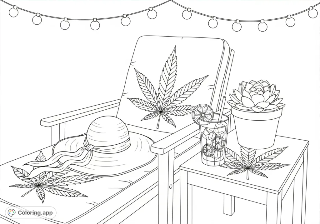A serene outdoor patio features a comfy lounge chair and side table adorned with a prominent cannabis leaf design. A sun hat, drink, and succulent complete the chill vibe.