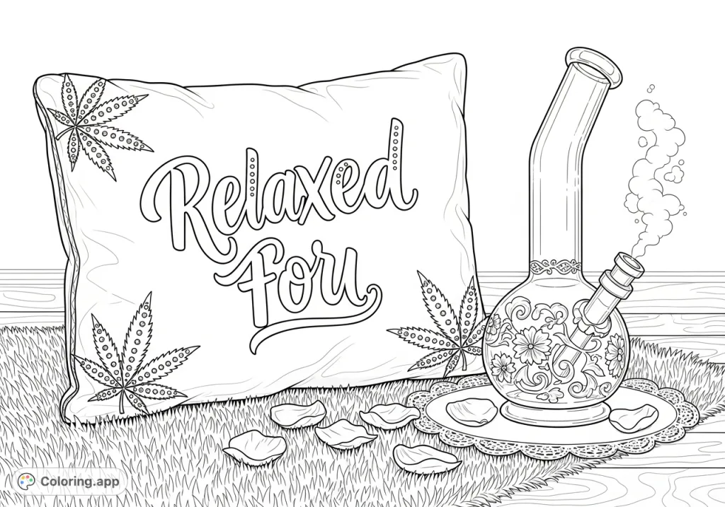 An intricate coloring page featuring a luxurious velvet pillow with an inscribed phrase and embroidered cannabis leaves, alongside an ornate glass bong and soft rose petals, set on a plush rug.