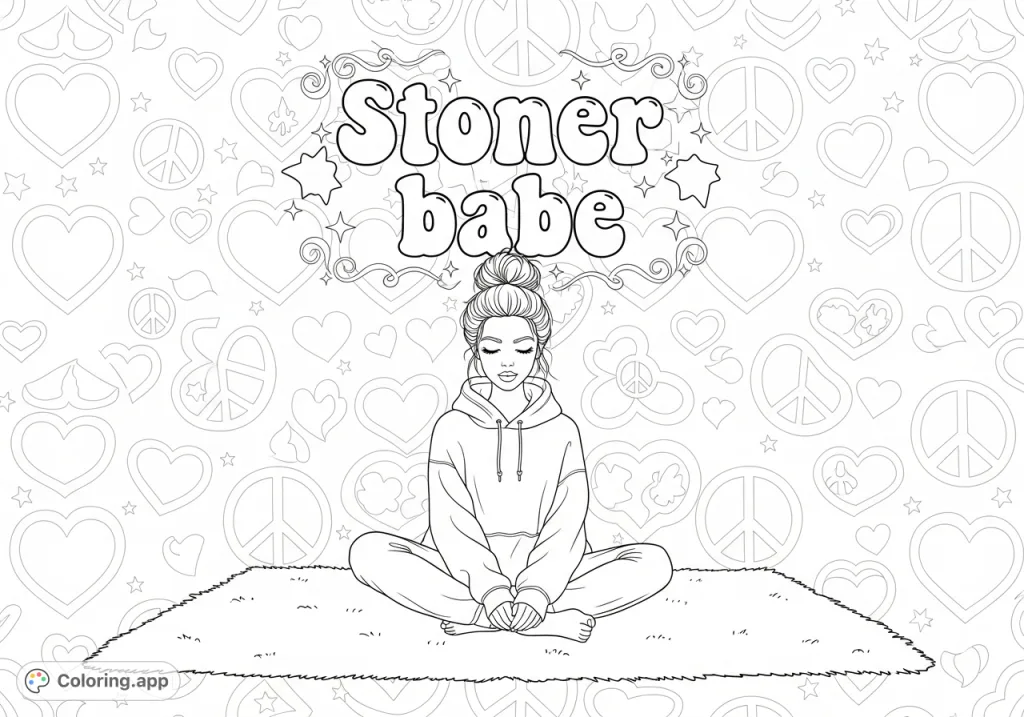 A relaxed woman on a fluffy rug, featuring "Stoner babe" text, intricate patterns of hearts, peace signs, and florals for creative expression.