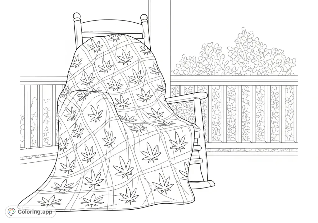 A generously sized quilt with a cannabis leaf pattern drapes over a wooden rocking chair on a sunlit porch. Peaceful garden foliage is visible beyond the railing.