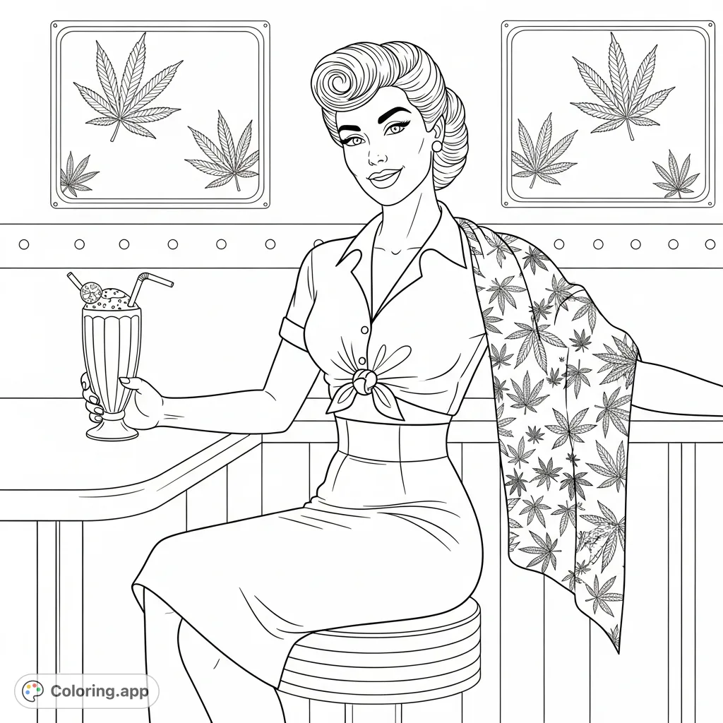 A stylish woman with victory rolls and a knowing smile sits in a retro diner, featuring intricate cannabis leaf patterns on her scarf and wall art.