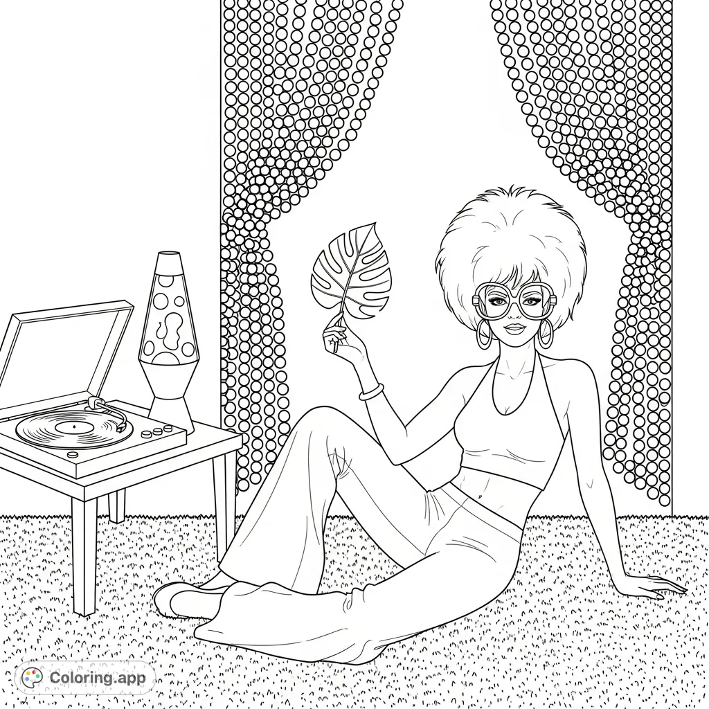 Indulge in a 70s-inspired coloring page featuring a stylish woman, vintage decor, and iconic retro elements like a lava lamp and shag carpet. Perfect for adults!