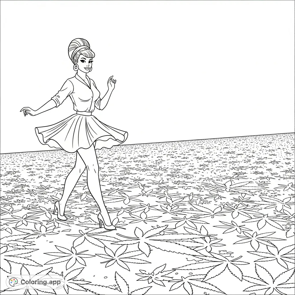 Step into a groovy 60s world with a confident pin-up female amidst a sprawling cannabis leaf motif. A unique adult coloring page.