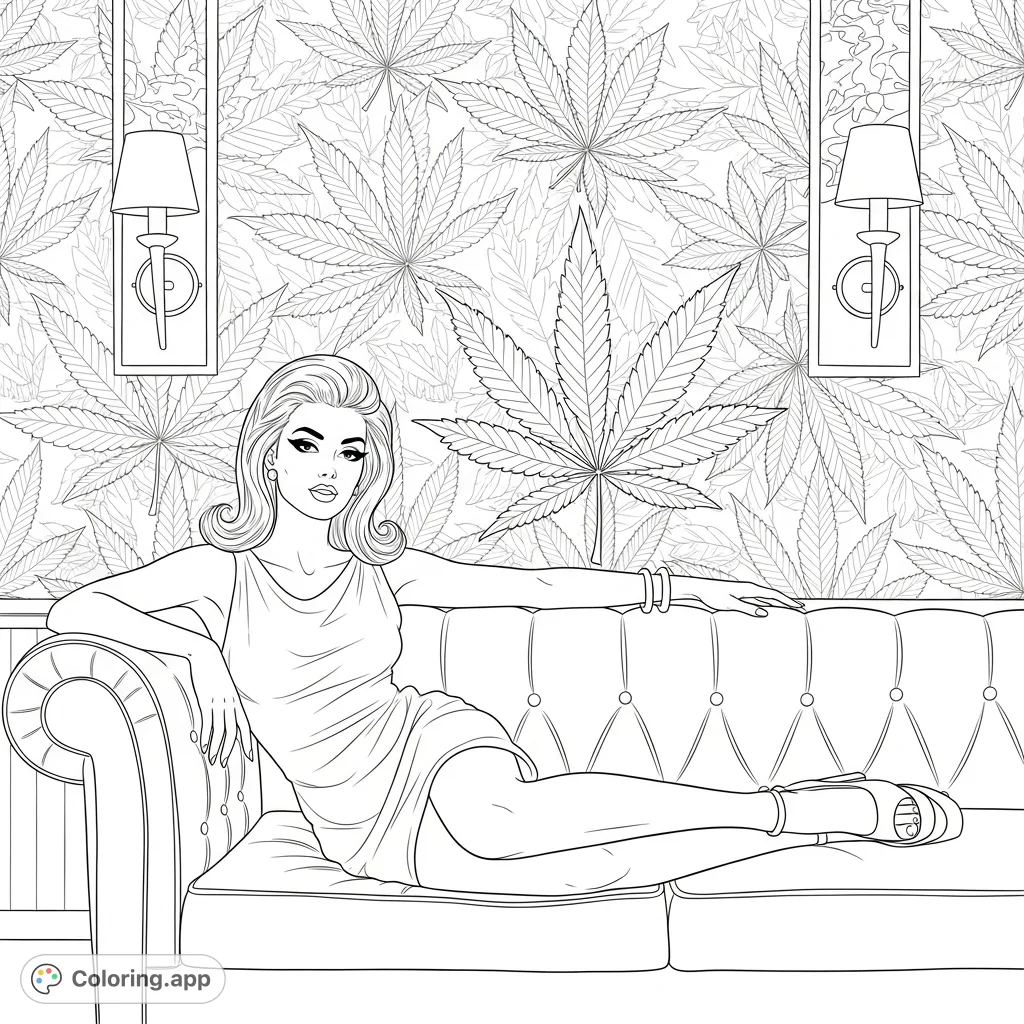 Glamorous 60s pin-up reclines on a velvet sofa against a wall with intricate overlapping marijuana leaf wallpaper and retro sconces. A unique adult coloring page.