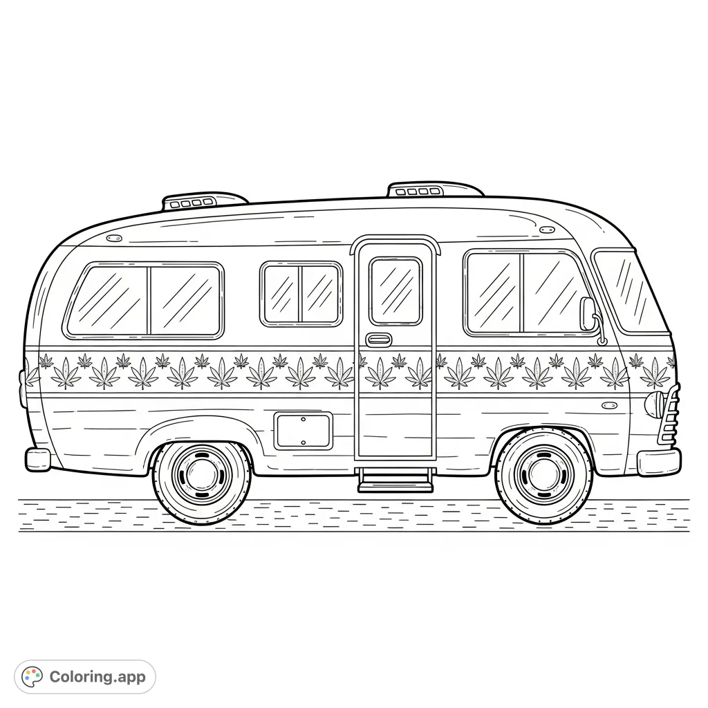 Color a groovy vintage RV adorned with stylish leaf patterns. This unique design blends classic travel charm with a distinctive herbal theme.