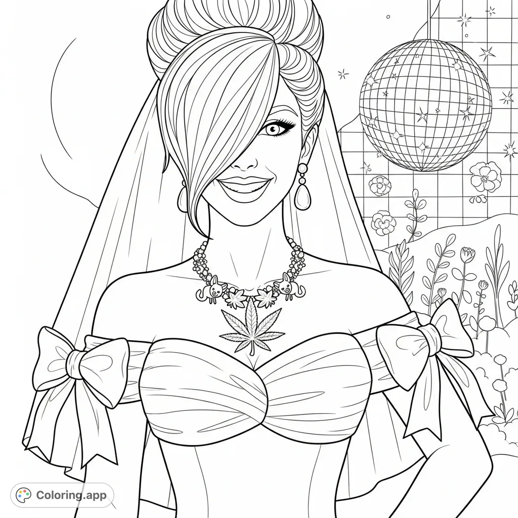 Capture the ultimate 80s vibe with this unique bride featuring voluminous hair, a ruched dress, and a distinctive cannabis leaf pendant. A fun, retro coloring page.