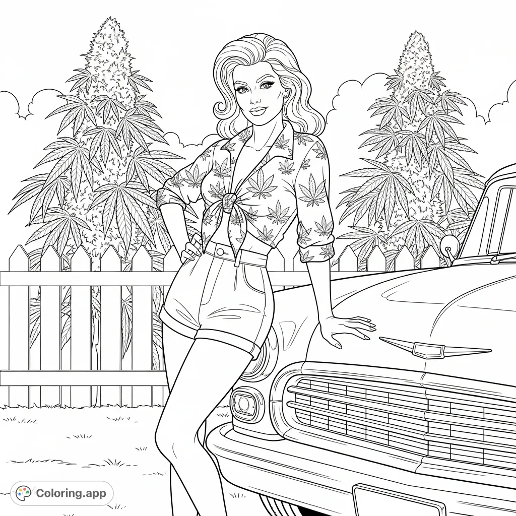 Color a confident woman in a cannabis leaf-patterned outfit, leaning on a vintage car in a retro backyard with stylized cannabis plants and a picket fence.
