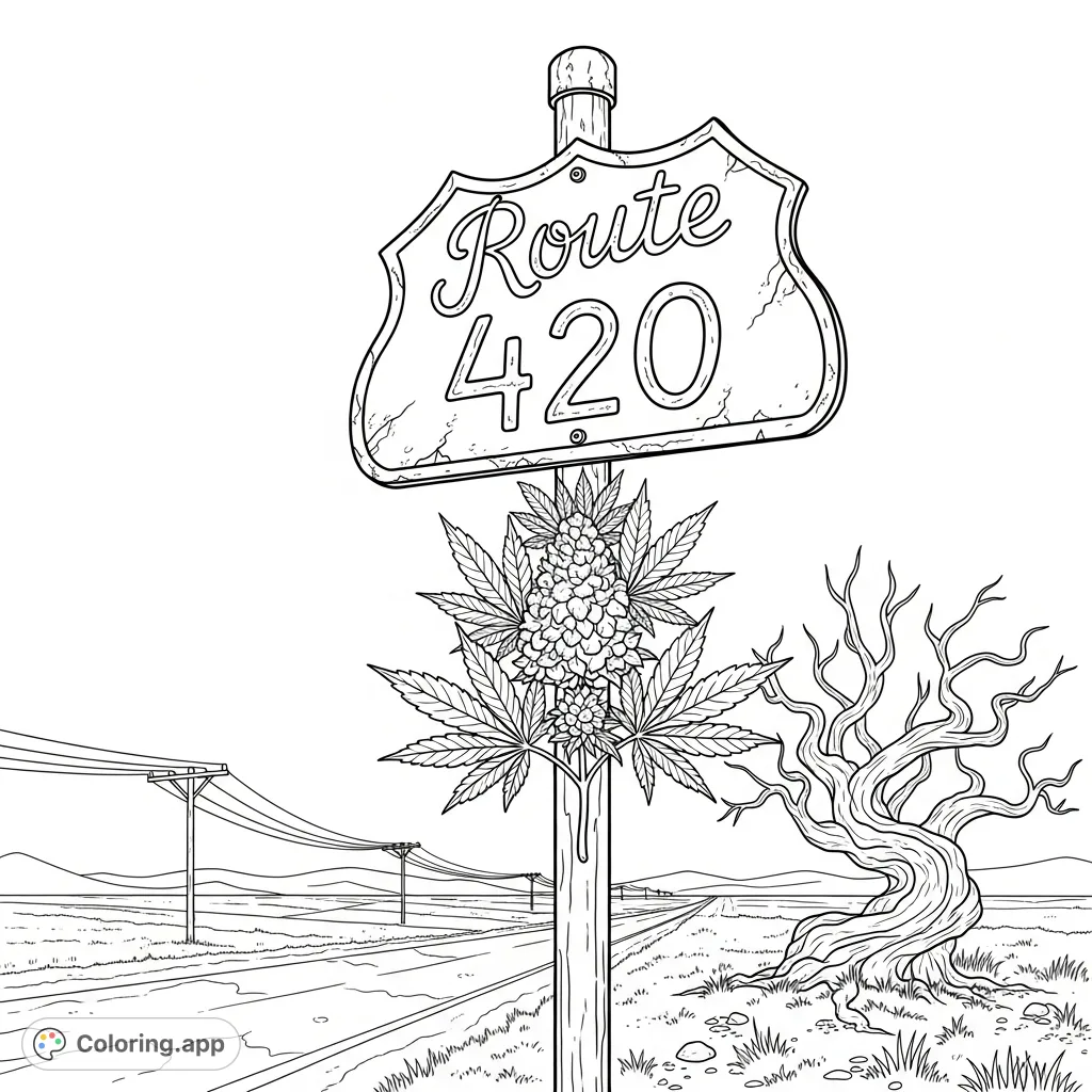 Color a detailed Route 420 sign at a dusty rural crossroads, featuring cannabis leaves, a gnarled tree, and power lines against the horizon. Perfect for adults.