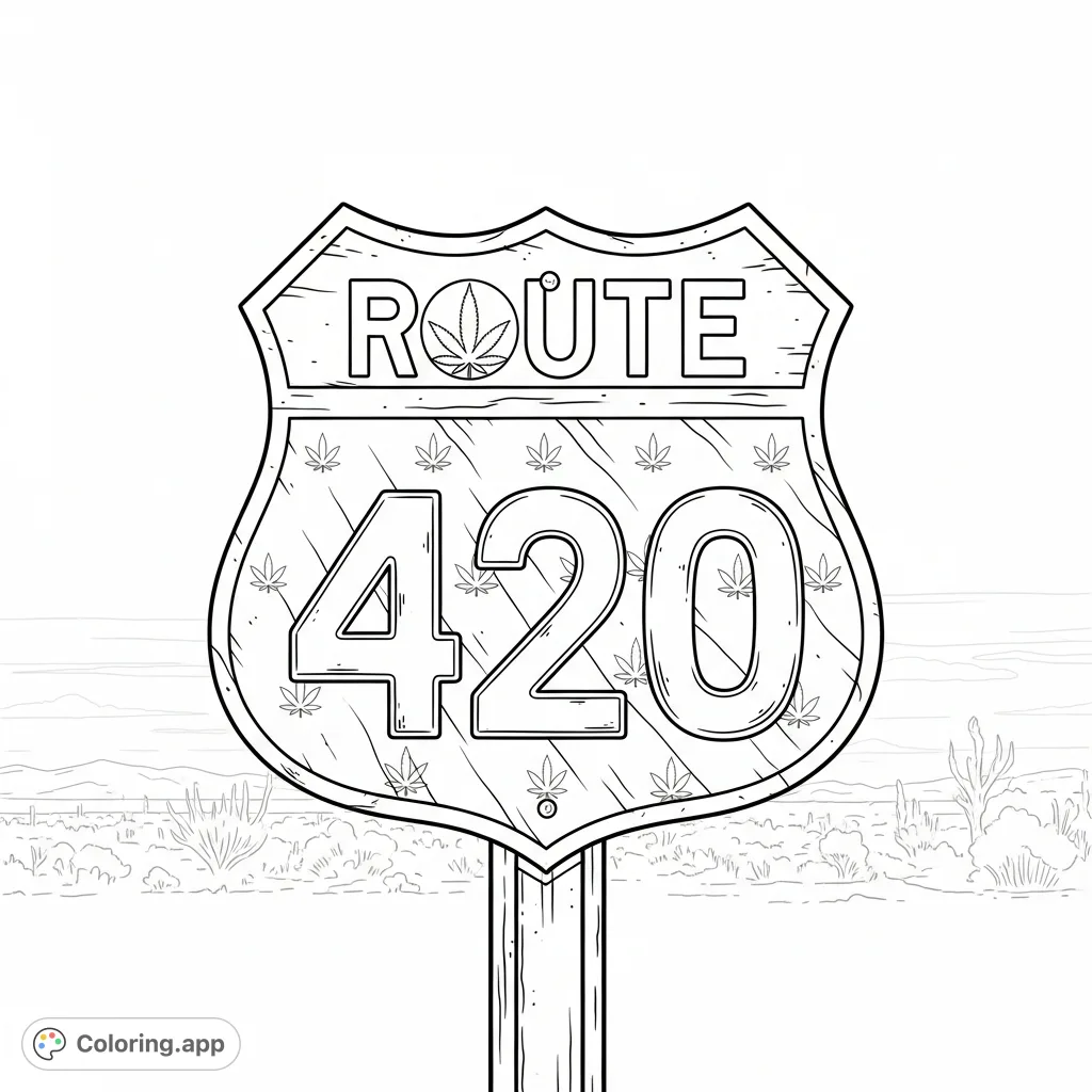 A unique Route 420 Interstate shield coloring page featuring a subtle cannabis leaf and weathered details against a desert backdrop. Perfect for adult colorists.