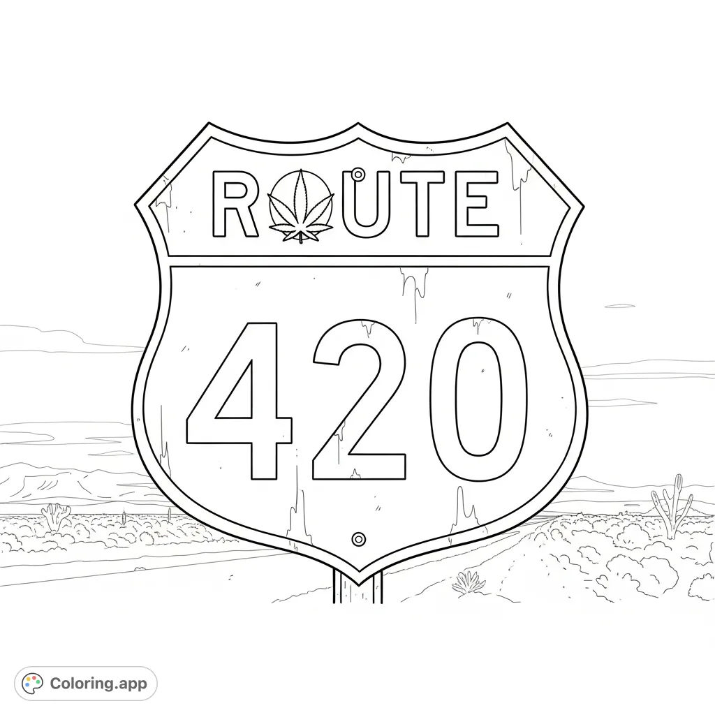 Color a distinctive 'ROUTE 420' Interstate shield with a subtle cannabis leaf detail, weathered and set against a vast desert backdrop under a clear sky.