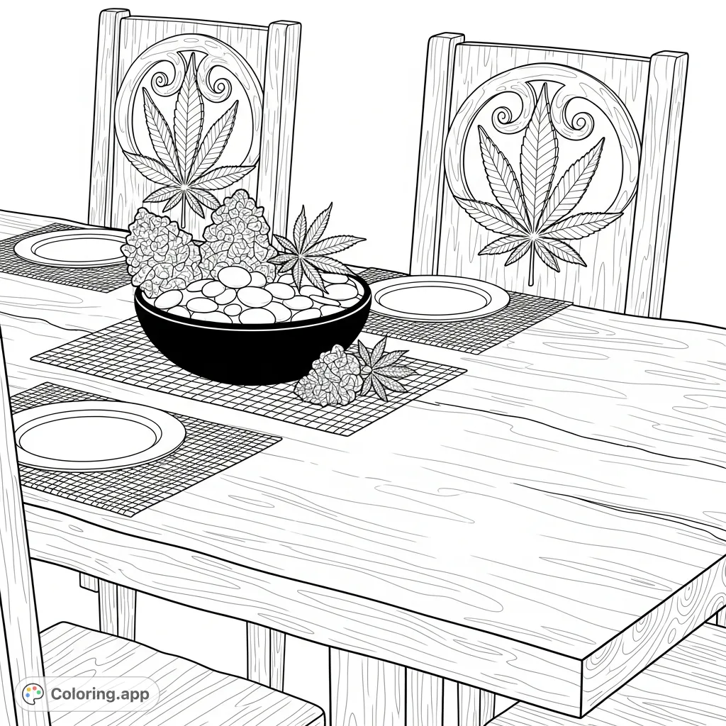 A detailed rustic dining table featuring handcrafted wood, chairs with carved cannabis leaf designs, a ceramic bowl with stones and cannabis flowers, and hemp-textured placemats.