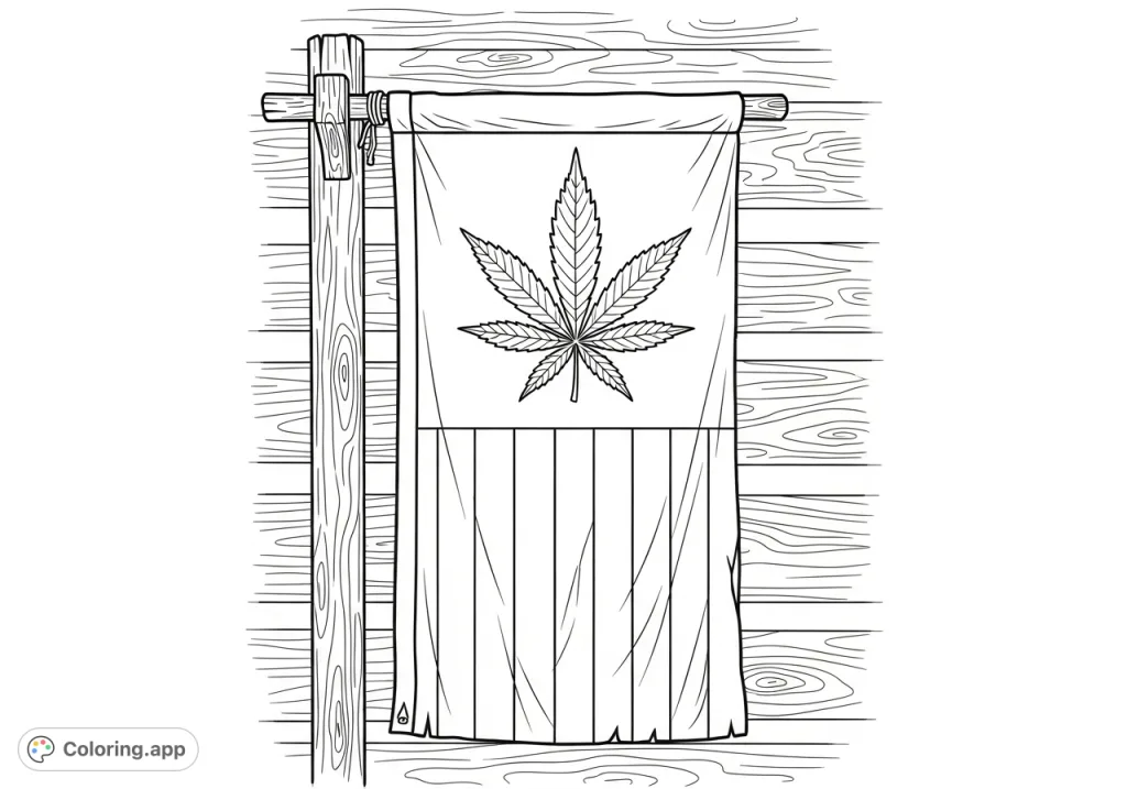 A unique American flag reimagined with a stylized cannabis leaf on a rustic cabin wall. Perfect for adult colorists exploring alternative themes.