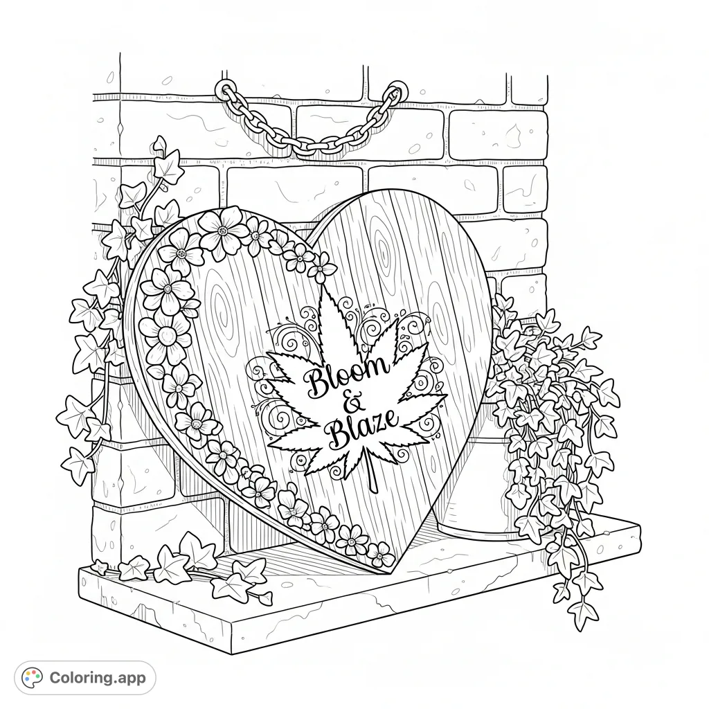 Discover a detailed rustic garden scene featuring a heart-shaped plaque with a stylized leaf and "Bloom & Blaze" text, set against a weathered brick wall.