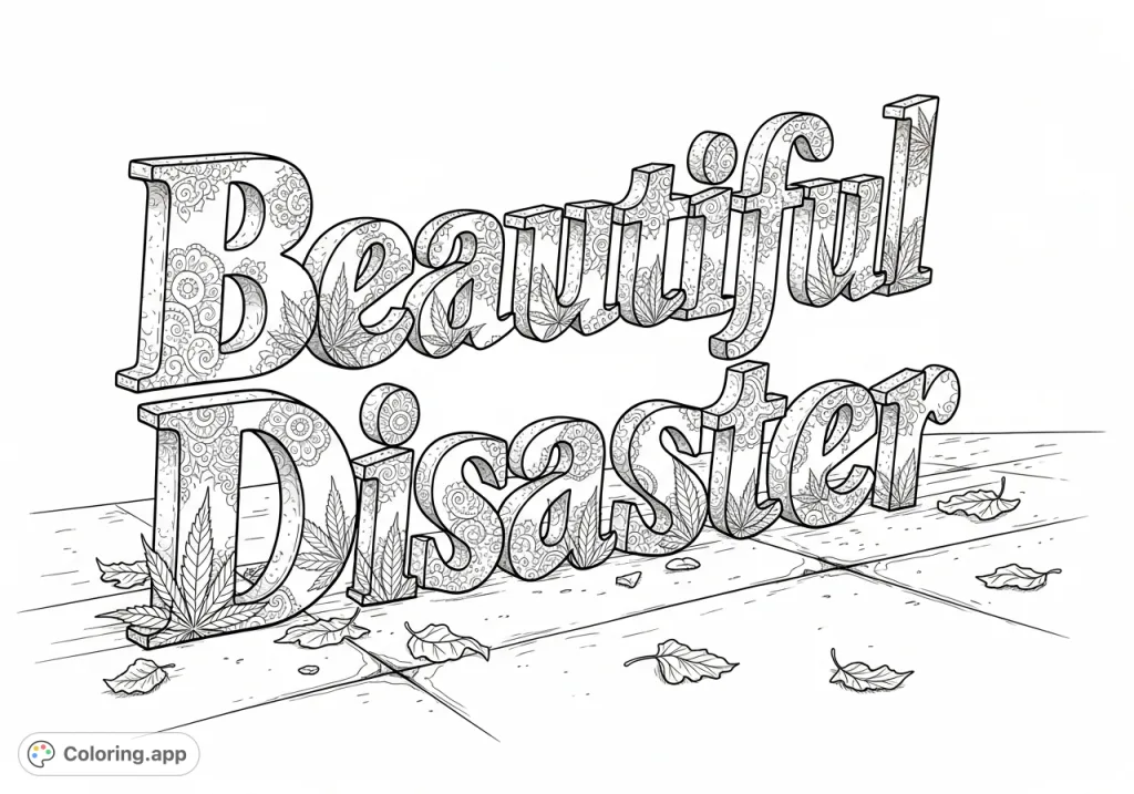 Grand, textural letters spell "Beautiful Disaster," adorned with embossed cannabis leaves and delicate lace, resting on a distressed concrete floor.