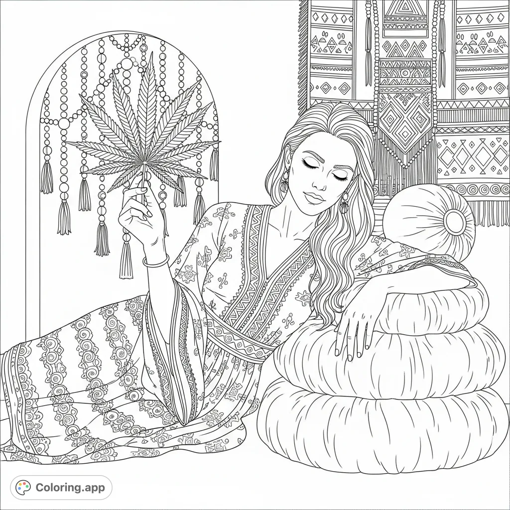 Discover a tranquil bohemian woman with flowing hair, reclining amidst cushions, holding a detailed cannabis flower against a patterned tapestry.