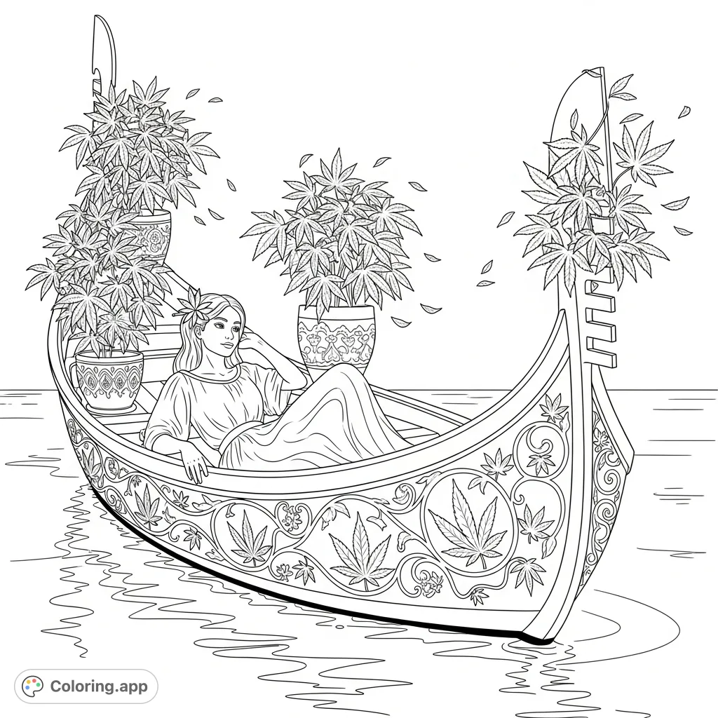 A woman relaxes on an ornate gondola adorned with cannabis leaf patterns, surrounded by calm water and lush plants under a soft twilight glow.