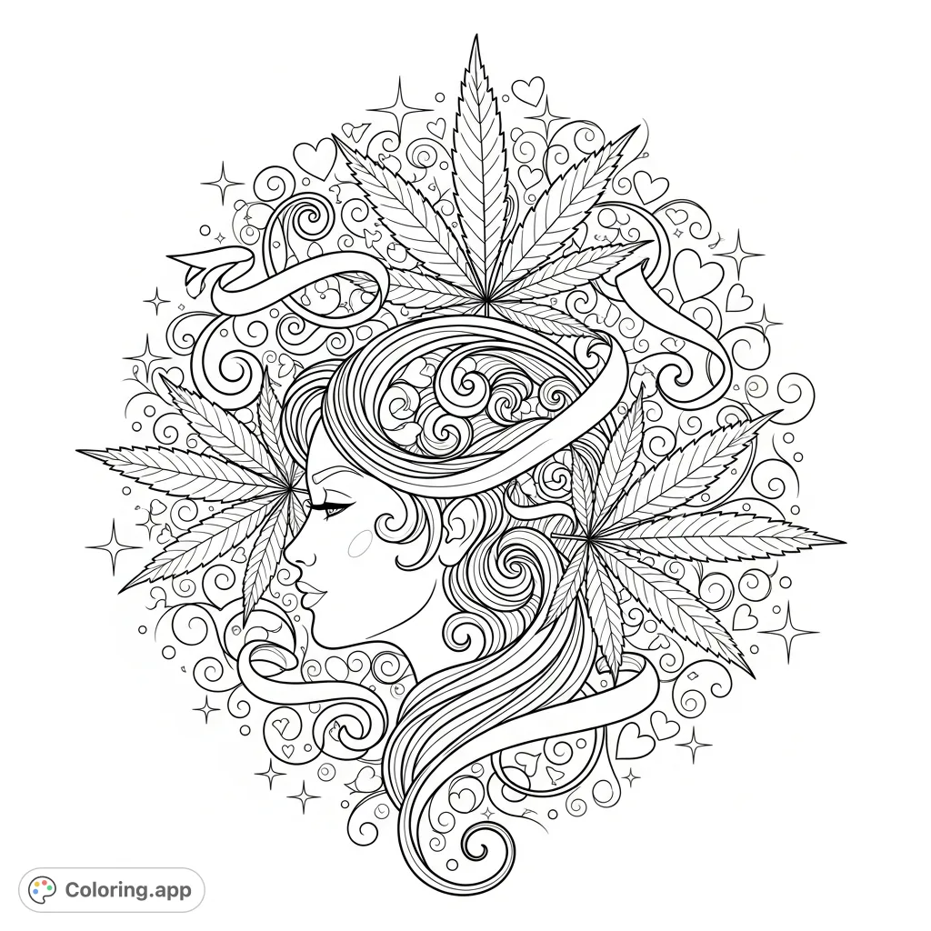 A serene female profile adorned with intricate scrollwork hair, stylized cannabis leaves, ribbons, and vines, creating a unique, ornate botanical portrait with hearts and stars.