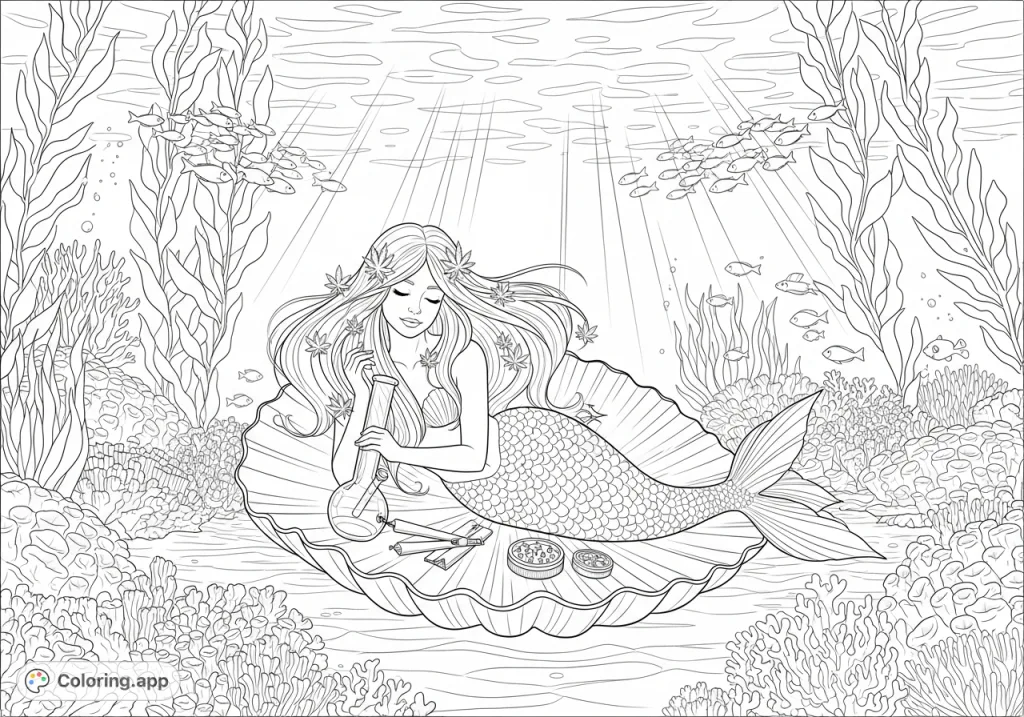 A unique mermaid adorned with tiny cannabis leaves reclines on a seashell, surrounded by delicate smoking accessories and vibrant ocean life. Perfect for adults!