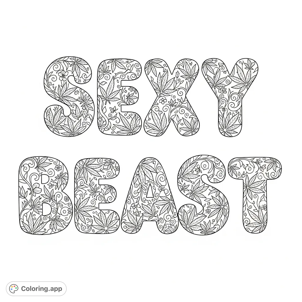 Intricate 'Sexy Beast' bubble letters adorned with dense cannabis leaves, delicate floral patterns, swirling vines, and miniature blossoms.