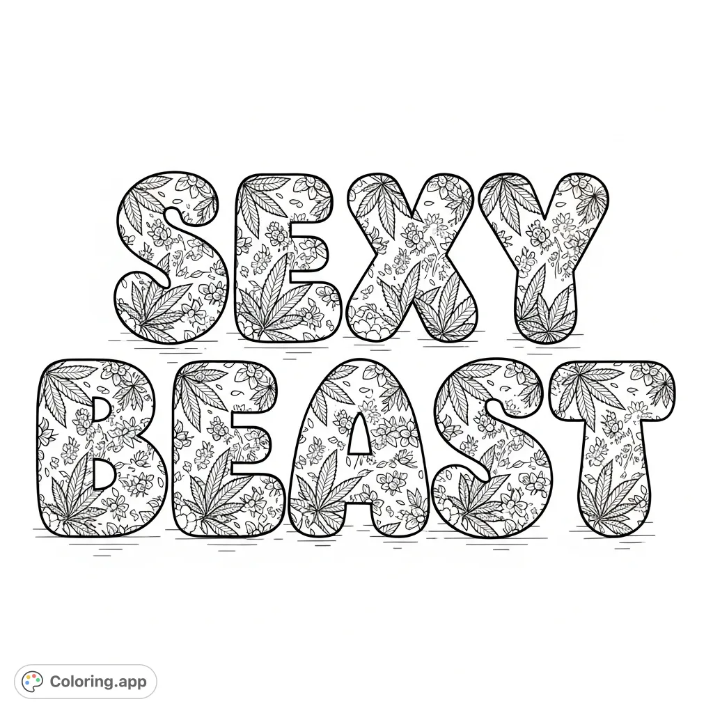 Bold 'Sexy Beast' text in bubble letters, intricately filled with detailed cannabis leaves and delicate floral blooms for adult coloring enthusiasts.
