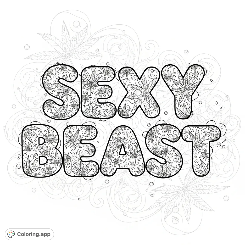 Unleash your creativity with this intricate 'Sexy Beast' coloring page, featuring mosaic cannabis leaves, elegant swirls, and shimmering patterns.