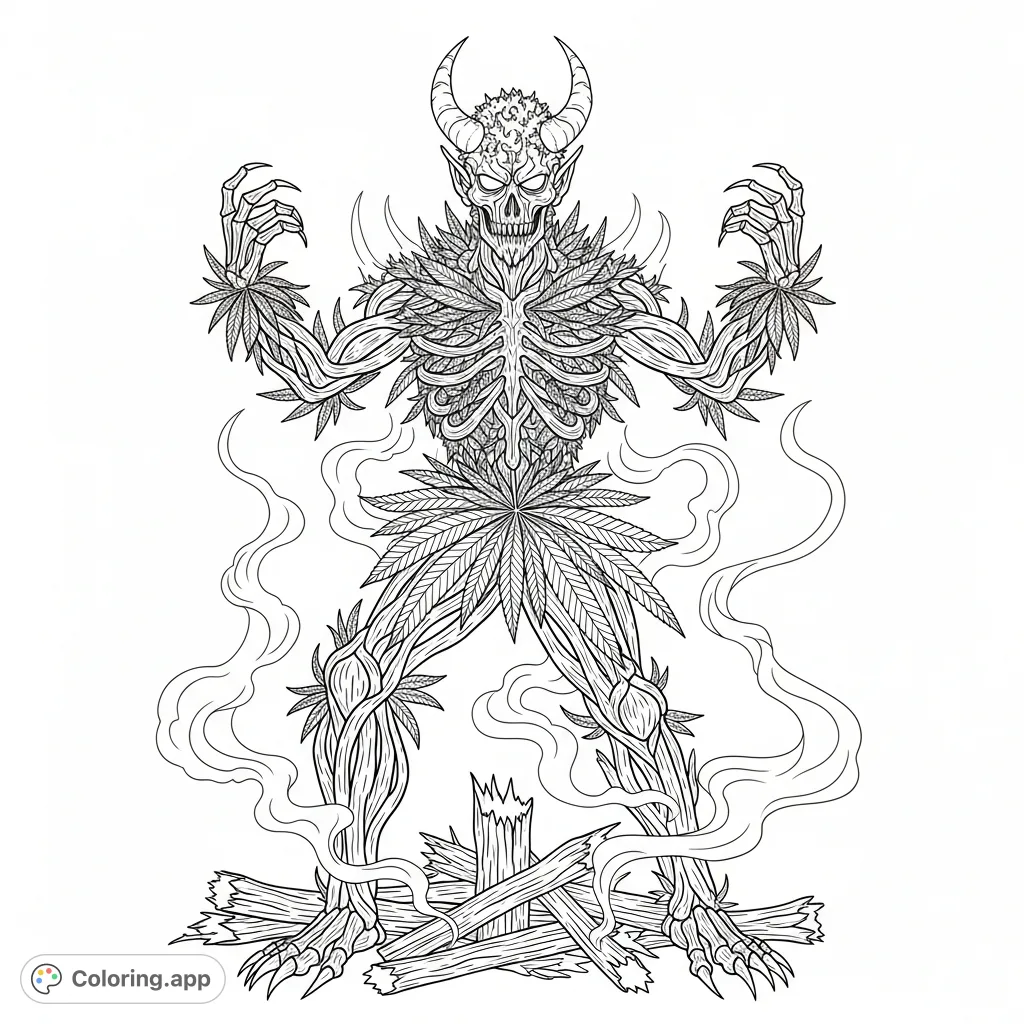 An imposing, skeletal devil figure crafted from intricately woven cannabis stems and dried leaves, standing triumphantly over broken stalks with smoke.