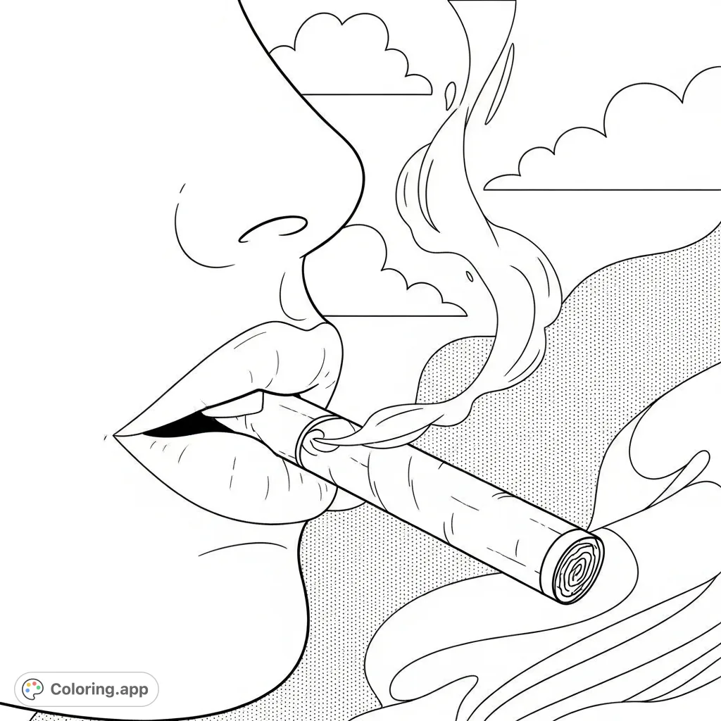 A detailed profile coloring page featuring full, parted lips holding a cylindrical object, with a graceful plume of smoke rising. Perfect for adult colorists.