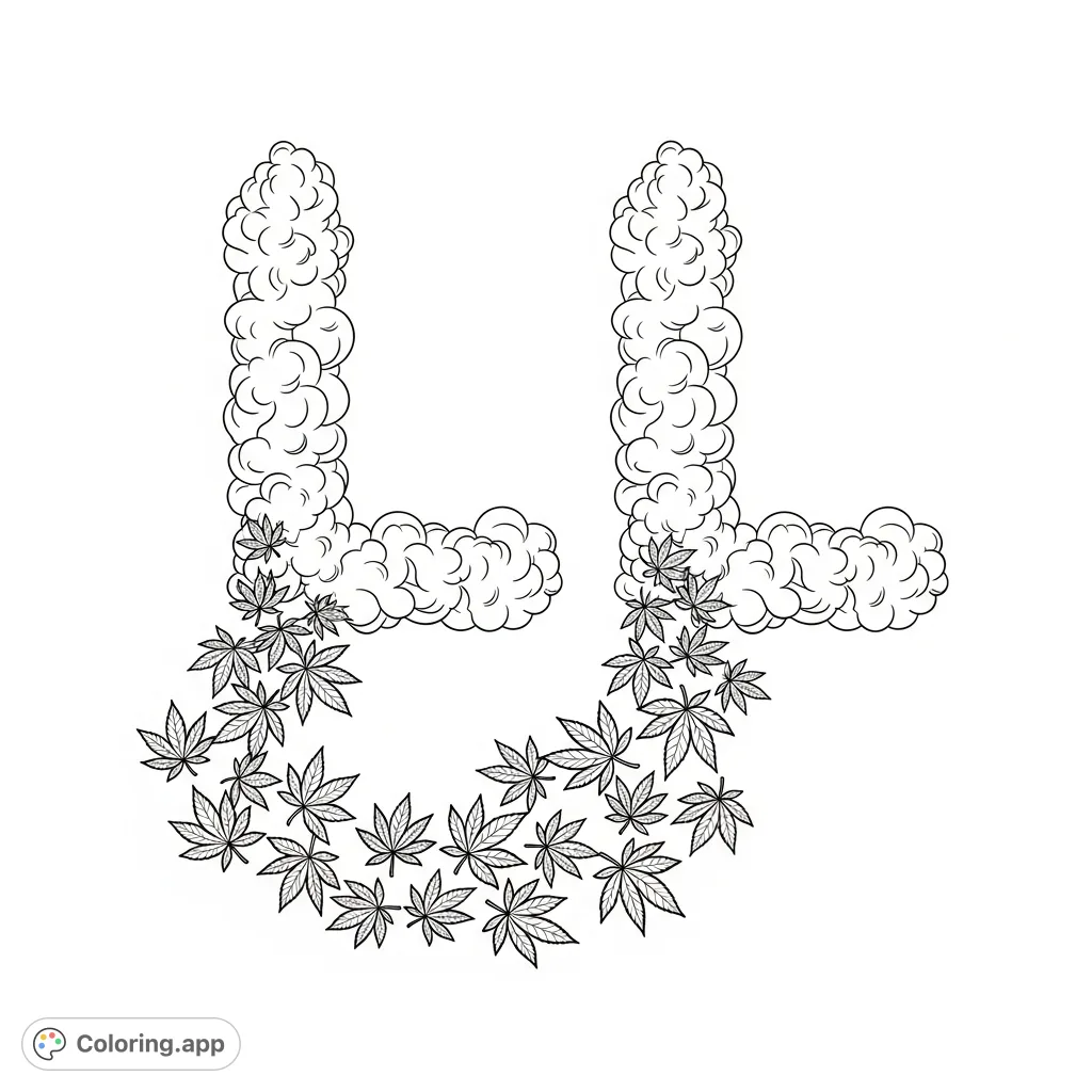 Intricate L letters formed by spiraling smoke, intertwined with a detailed trail of marijuana leaves. A unique and stylized composition perfect for creative expression.