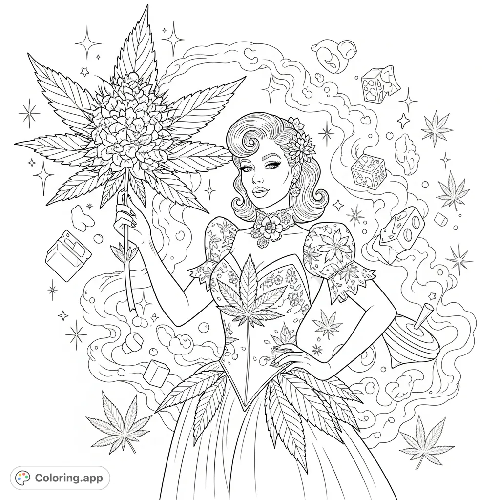 Discover a sophisticated pin-up figure adorned with cannabis leaf patterns and holding a detailed cannabis flower, set against a whimsical, smoke-like background.