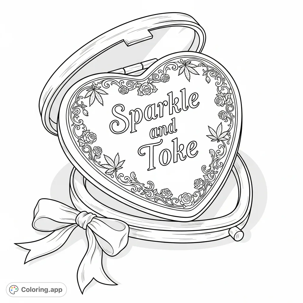 Discover a vintage heart-shaped compact mirror. Its lid is intricately engraved with 'Sparkle and Toke,' cannabis leaves, roses, and filigree, adorned with a ribbon.