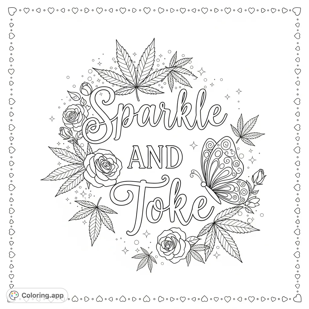 Elegant 'Sparkle and Toke' quote intertwined with delicate cannabis leaves, blossoming roses, and sparkling glitter, framed by hearts and pearls. A whimsical adult design.